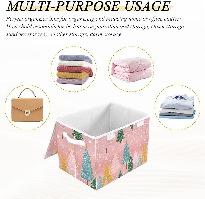 Pink Christmas Trees Storage Box with Lid 1 PC Foldable Storage Bin with Lids Stackable Storage Bins Cube Closet Organizer Basket with Flip-Top Lid &amp Handles for Shoes Books Towels