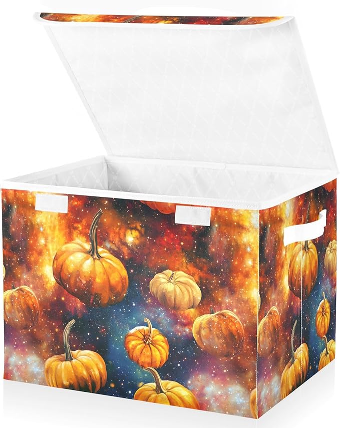 Storage Cube with Lid Space Pumpkin Print 16.5×12.6×11.8 IN Collapsible Large Capacity Foldable Storage Basket Bin Organizer