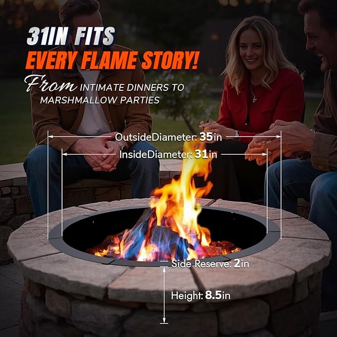 INNO STAGE 31 Inch Fire Pit Ring (35 Inch Outer) Heavy Duty Steel Fire Ring Outside Large Round Fire Pit Insert DIY Camping Fire Ring Above or In-Ground Black Carbon for Patio Backyard Bonfire