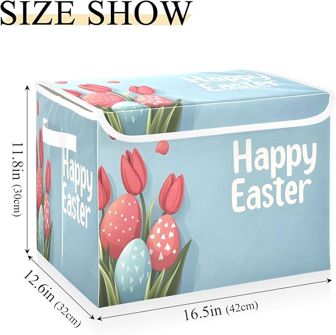 Happy Easter Pattern Foldable Storage Baskets Fabric Boxes with Handle Organizers with Flip-Top Lids Storage Bins for Home Bedroom Office