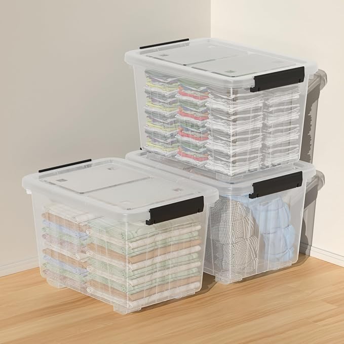 4-Pack 35 Quart Plastic Storage Bin with Secure Lid and Latching Buckles Stackable Wheeled Container Box