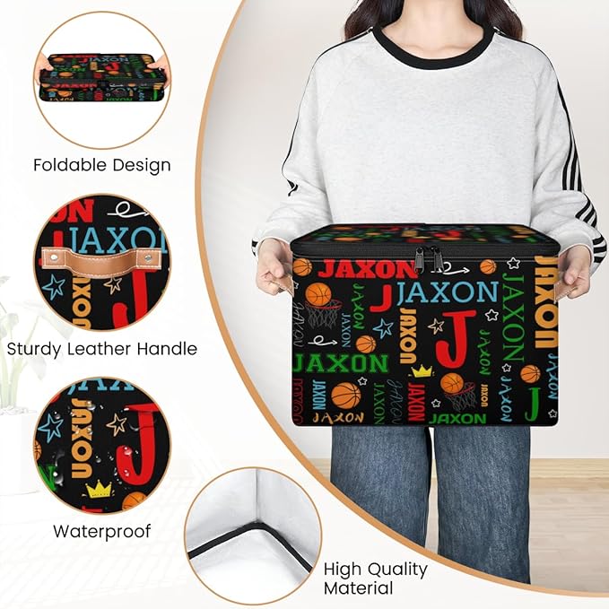 Custom Storage Bins with Zipper Lid Personalized Basketball Fabric Lidded Storage Baskets Boxes Foldable Cubes Clothes Organizer Container Ball
