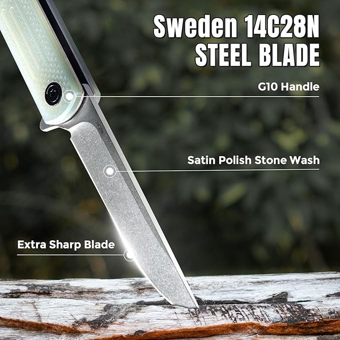 Folding Pocket Knife 3.19” 14C28N Steel Blade G10 Handle Praxis Small Flipper Liner Lock EDC Folding Knife Sharp Survival Camping Hiking Hunting Tactical Knives for Men (Translucent Green)