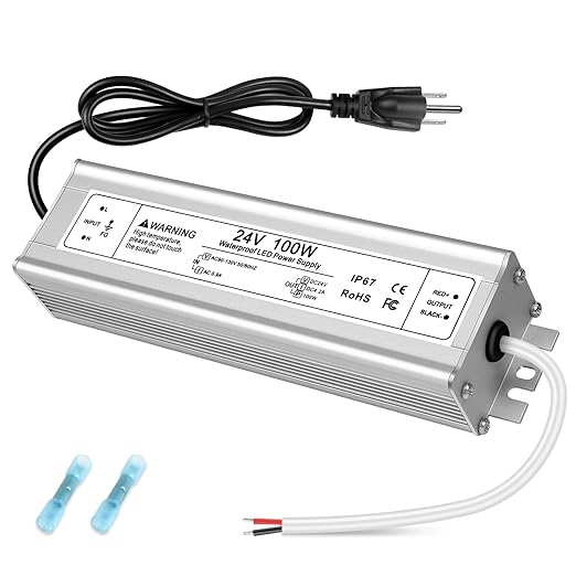 24V 100W LED Power Supply IP67 Waterproof LED Driver AC 110V to DC 24 Volt 4.2A Low Voltage Transformer Converter for Outdoor LED Strip &amp Landscape Lighting 3-Prong Plug with 3.3FT Cable