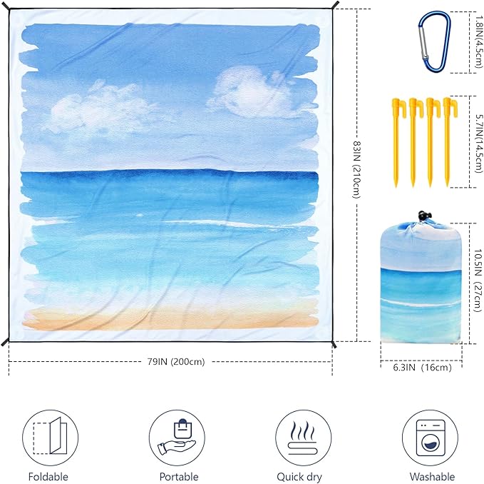 Beach Blanket Waterproof Sandproof Beach Mat 79 X 83/10'x9'for 2-8 Adults Quick Drying Outdoor Picnic Mat Beach Accessories for Travel Camping Hiking