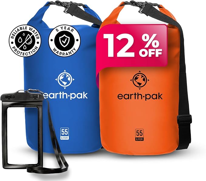 Earth Pak Waterproof Dry Bag - Roll Top Waterproof Backpack Sack (Blue 55L &amp Orange 55L)
