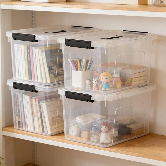 4 Packs 10 QT Plastic Storage Bins with Lids Stackable Storage Containers for Organizing Clear Storage Box for Garage Closet Kitchen