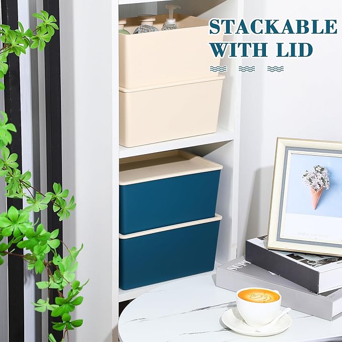Menkxi 4 Pcs Storage Bins with Lids Plastic Stackable Containers for Organizing Shelves Christmas Ornament Box Baskets(Beige BlueSmall)