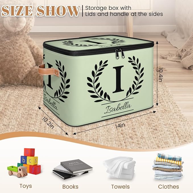 Custom Storage Bins with Lid Initial Name Personalized Storage Basket Boxes Eucalyptus Leaves Foldable Closet Organizer Cube Sage Green