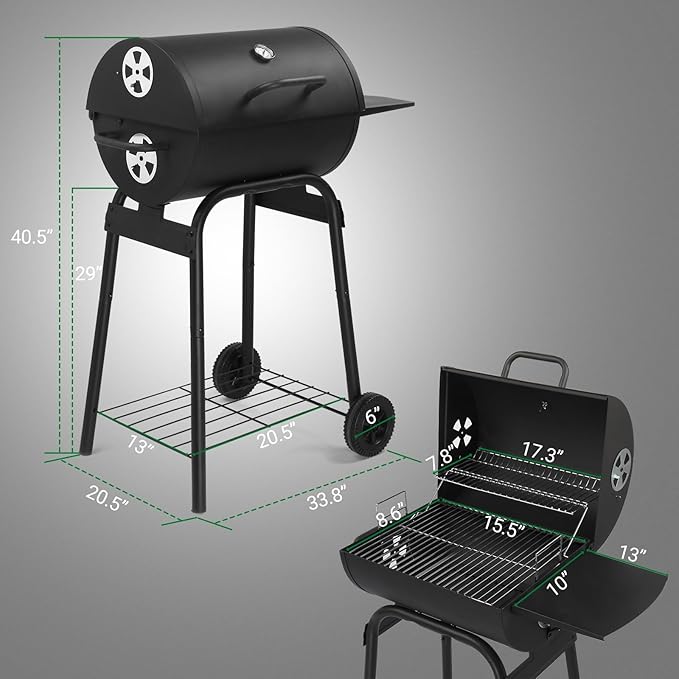 Outvita Barrel Charcoal Grill with Warming Rack Outdoor BBQ Grill with Side Table with Nearly 268 Sq.In. Cooking Grid Area for Backyard Patio Picnic Parties Camping Black