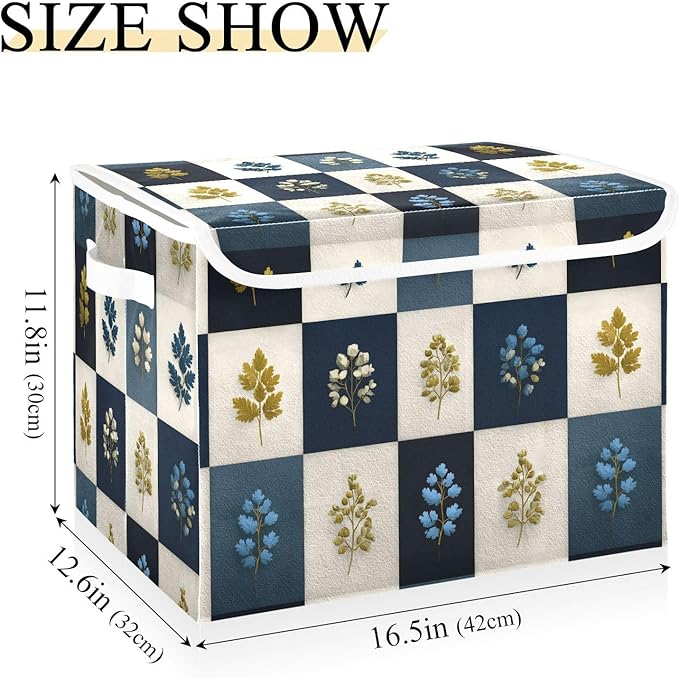 Lidded Storage Cube Luxury Leaf Checkered Print 1 Pack Collapsible Large Capacity Foldable Storage Basket Bin Organizer 16.5×12.6×11.8 in