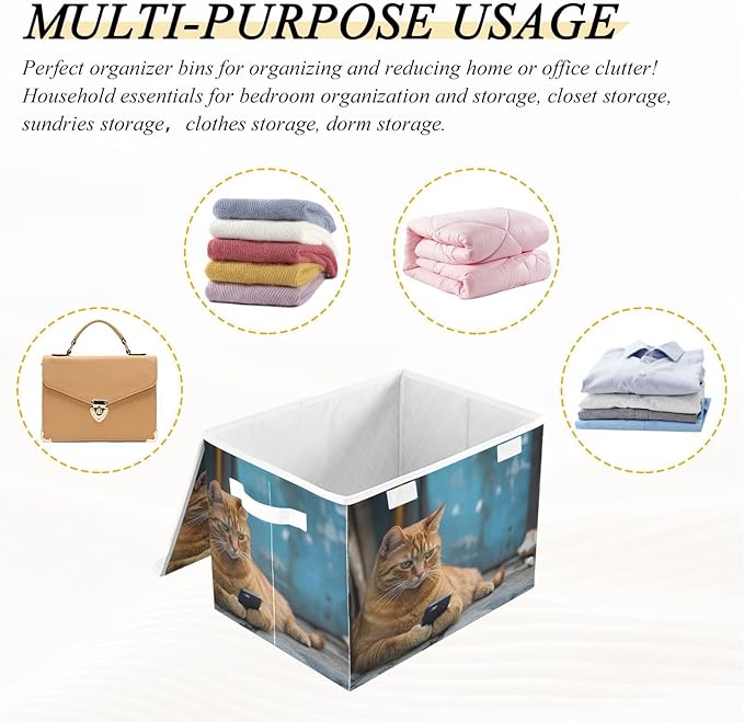 Storage Cube with Lid Cat with Phone Print 16.5×12.6×11.8 IN Collapsible Large Capacity Foldable Storage Basket Bin Organizer