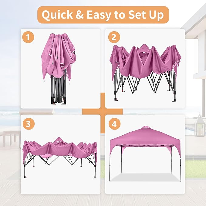 GDY 12X12 Pop Up Canopy Tent Outdoor Canopy Tent Commercial Instant Gazebos Portable Shelter Canopies for Patio/Outdoor/Wedding Parties and Events Pink.