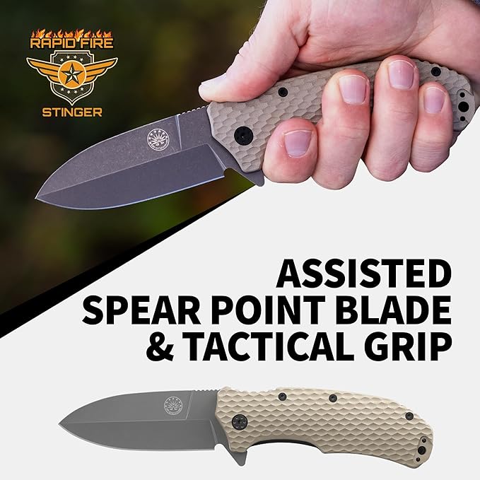 Off-Grid Knives - Rapid Fire Stinger Assisted Spear Point Blade Hard Use Build Tactical Camping &amp Survival EDC Cryo D2 Steel G10 Scales Deep Pocket Carry (Coyote)