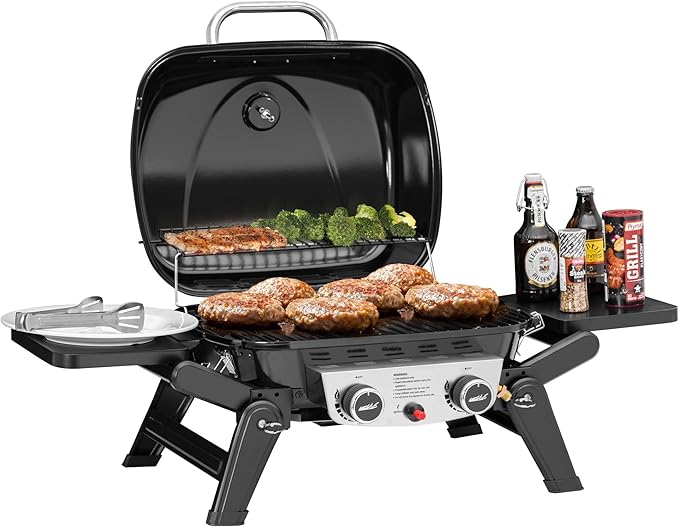 Royal Gourmet GT2005 2 Burner Portable Propane Gas Grill with Foldable Side Tables &amp Foldable Support Legs Tabletop Gas Grill with Warming Rack for Outdoor Cooking &amp Grilling Black