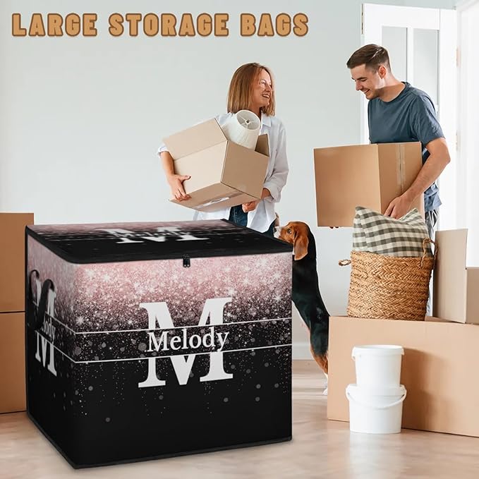 Custom Comforters Storage Basket with Lid Personalized Name Initial Letter Large Organizer Bin for Pet/Children Toys Books Clothes Perfect for Rooms/Playroom Pale Pink Bling with Black