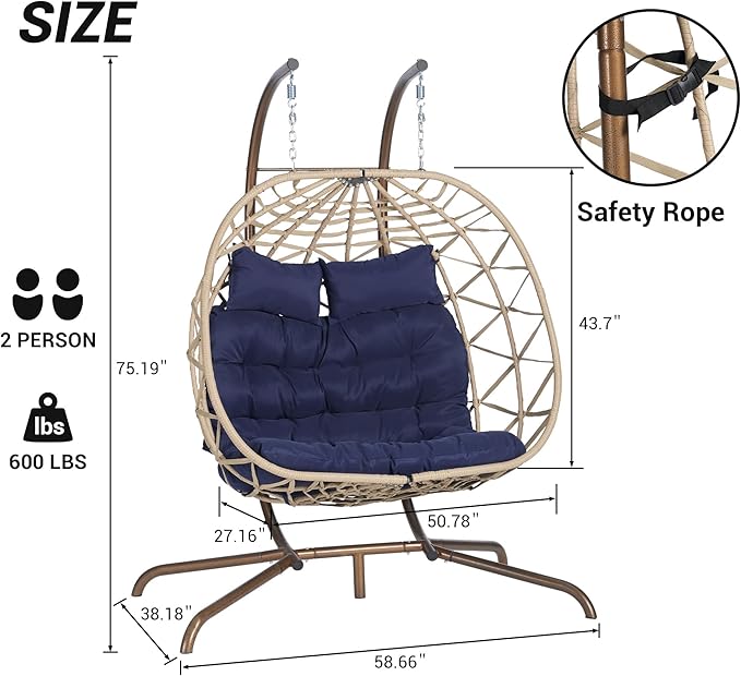 KEIKI Double Swing Egg Chair with Stand Patio Rattan Wicker Hammock Egg Chair with UV Cushion 2 Person Outdoor Indoor Hanging Basket Chair 600LBS Capacity for Balcony Dark Blue and Khaki