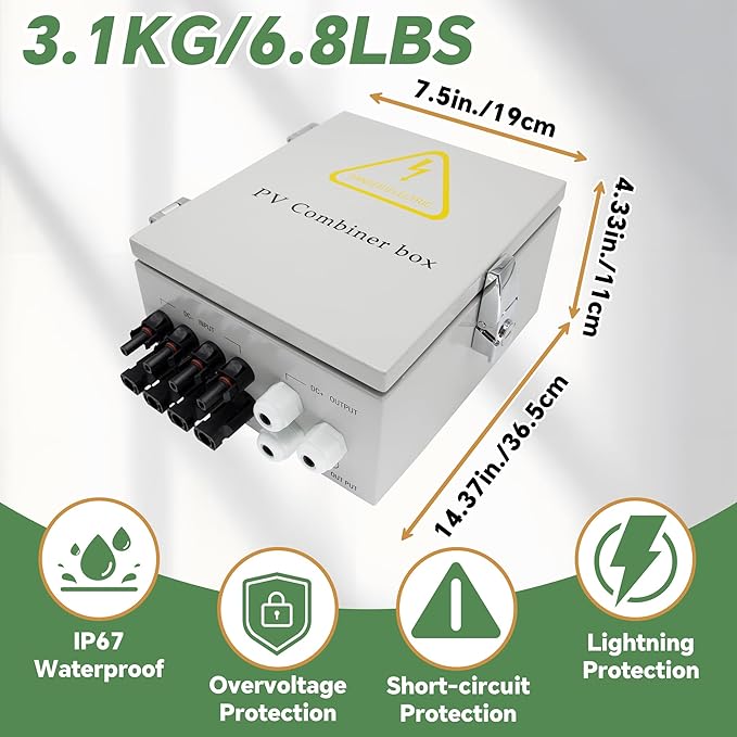 4 String Solar Combiner Box IP65 Waterproof PV Combiner Break for On/Off Grid Solar System with Lightning Arrester 15A Rated Current Fuse&amp 63A Circuit Breaker (Metal Box)