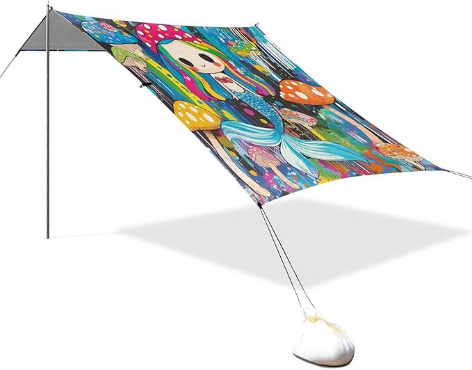 Funny Mermaid3 Beach Cabana Tent UPF50+ Lightweight Portable Sun Shelter with Sandbags and Shovel for Camping Fishing Backyard Fun
