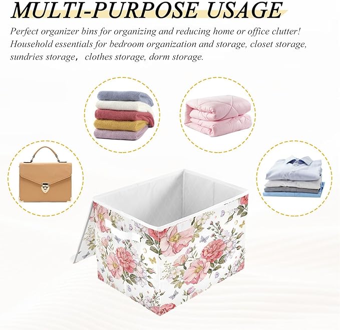 Flower Storage Bins with Lids Decorative Fabric Storage Boxes with Handles Closet Organizer Foldable Christmas Basket Baby Basket for Nursery Bedroom Office