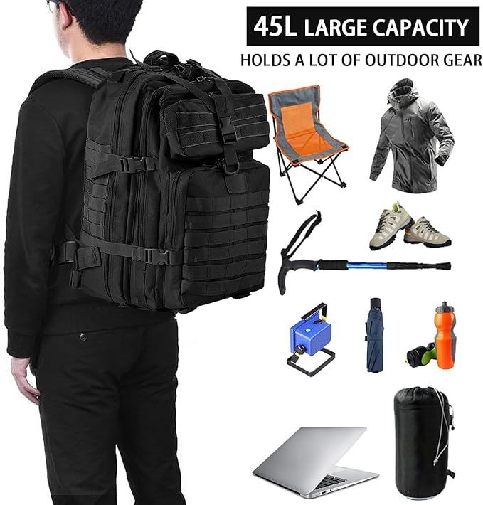 aiGear Tactical Backpack for Men 45L Military Backpack 3-Day Bug Out Bag for Camping Hiking Hunting with Molle System Army Daypack (45L Black)