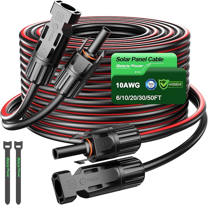 Bateria Power 30Ft 10AWG Solar Panel Extension Cable 6mm² Twin PV Wire Conductor Parallel Solar Wire Adapter Kit with Waterproof Female &amp Male Solar Connectors for RV Marine (Both Ends Installed