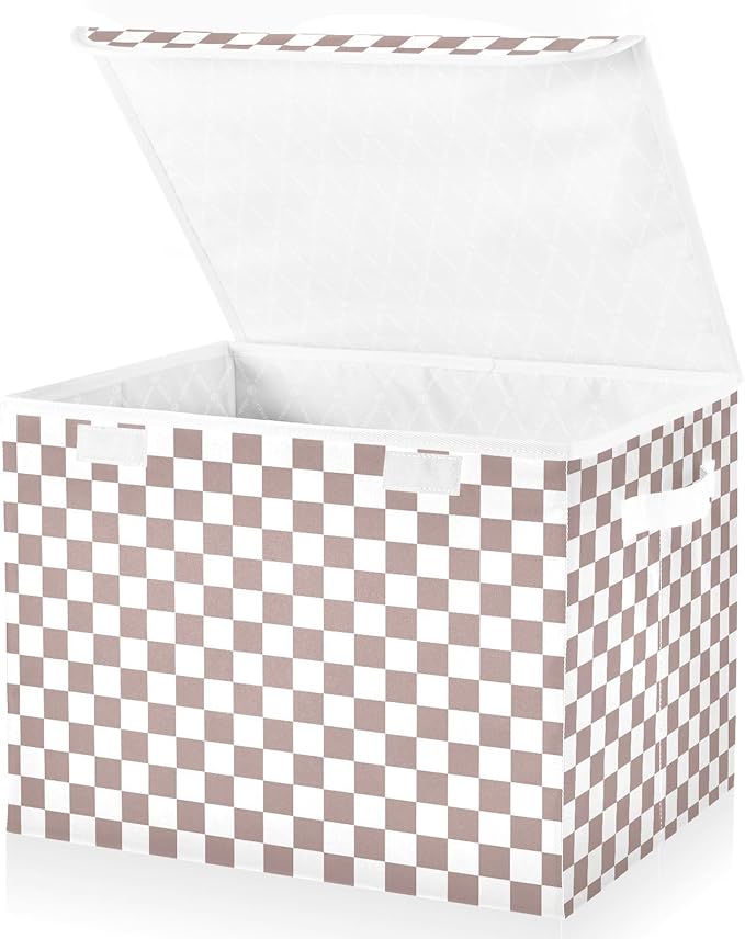 Light Brown White Checkerboard Storage Baskets Lidded Bin Foldable Storage Boxes Cubes Lids with 2 Handles for Organizing Closet Home Office