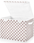 Light Brown White Checkerboard Storage Baskets Lidded Bin Foldable Storage Boxes Cubes Lids with 2 Handles for Organizing Closet Home Office