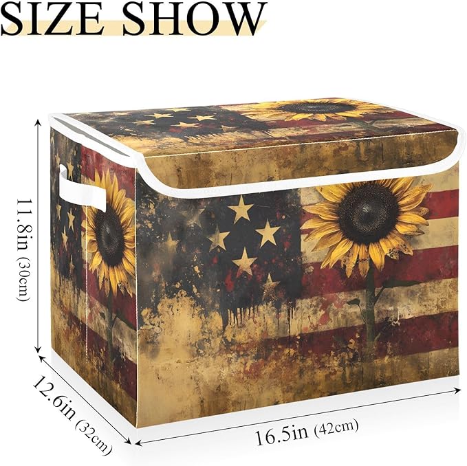 Storage Cube with Lid Sunflower American Print 16.5×12.6×11.8 IN Collapsible Large Capacity Foldable Storage Basket Bin Organizer