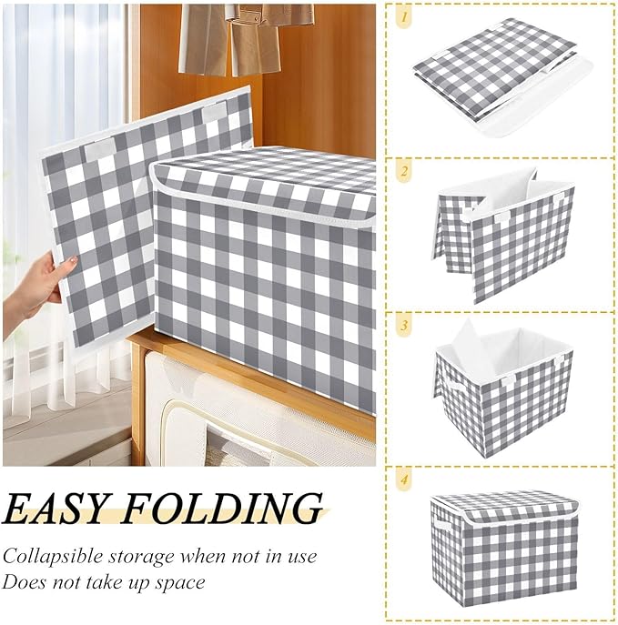 Collapsible Storage Bins with Lids Decorative Fabric Storage Cubes Closet Organizer and Storage Basket Boxes Containers for Clothes Box Chest Nursery Folding Rectangle Black Grey Checkered