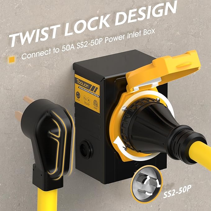 TOOLIOM 50 Amp Generator Cord NEMA 14-50P/SS2-50R Twist Lock 50 AMP for RV 125/250V 12500W 6/3+8/1 AWG STW Generator Extension Cord ETL Listed (50FT)