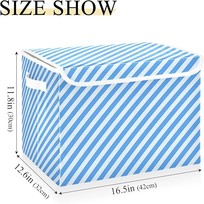 Collapsible Storage Bins with Lids Decorative Fabric Storage Cubes Closet Organizer and Storage Basket Boxes Containers for Clothes Box Chest Nursery Folding Rectangle Blue Stripes