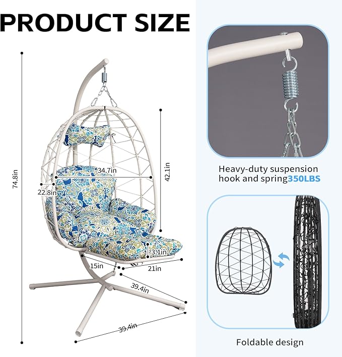 Hanging Egg Chair with Stand Outdoor Indoor Patio Rattan Swing Hammock Chairs with Washable Cushion PE Wicker Swing Chair for Backyard Bedroom Garden (White + Floral Cushion with Footrest)
