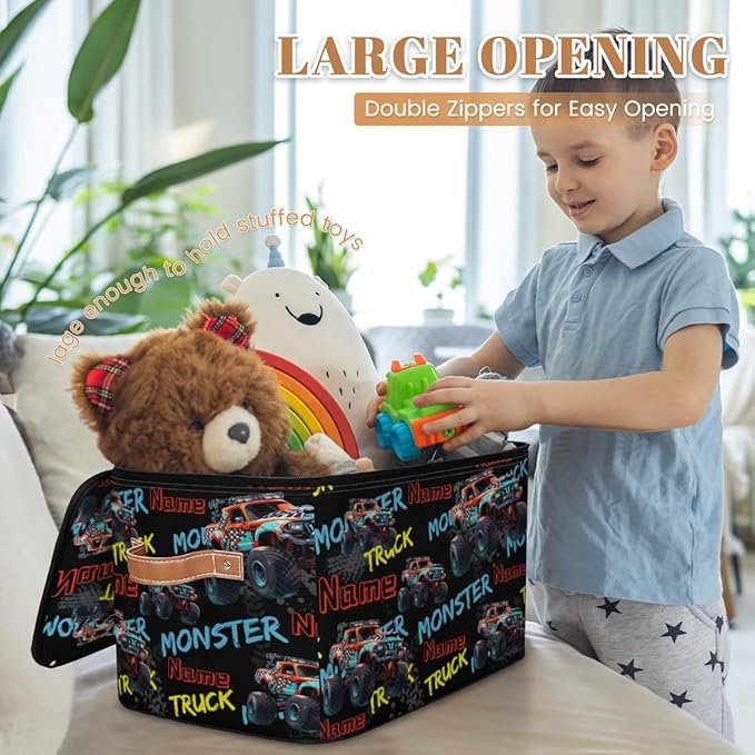 Custom Storage Bins with Zipper Lid Personalized Monster Truck Car Fabric Lidded Storage Baskets Boxes Foldable Cubes Clothes Organizer Container