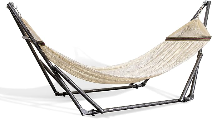 Best Home Fashion Hammock with Collapsible Steel Stand 450 lbs Capacity &amp Carrying Case Portable &amp Adjustable Perfect for Camping Beach Summer Patio EZ Daze Foldable Hammock with Stand- Ivo
