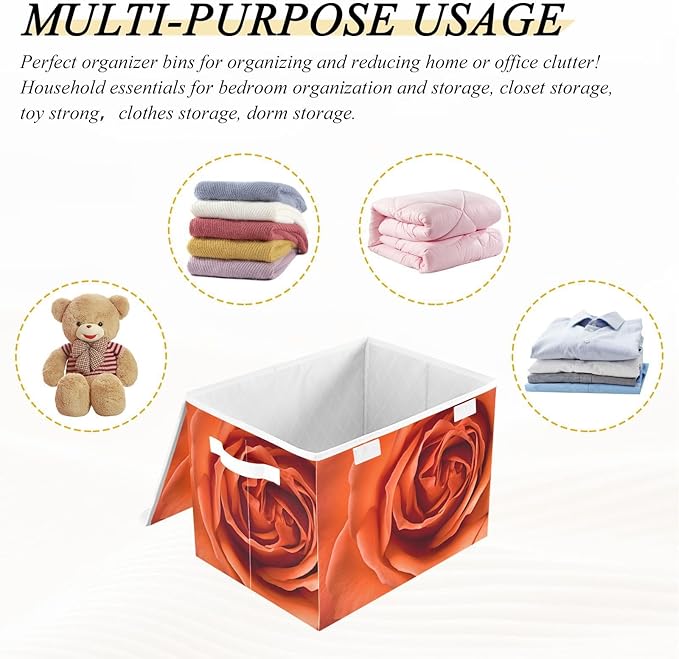 Close Red Floral Storage Cube with Lid Collapsible Flip-top locker Fabric Storage Bins Basket with Handle for Home Bedroom Closet Office 16.5×12.6×11.8 in