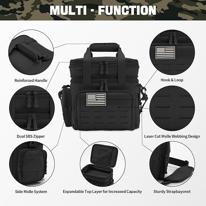 QT&ampQY Tactical Lunch Box for Men Expandable 18L Heavy Duty Military Insulated Cooler Bag Leakproof Thermal Lunch Bag for Work Camping Outdoor Picnic Pail Adult Meal MOLLE Webbing Black