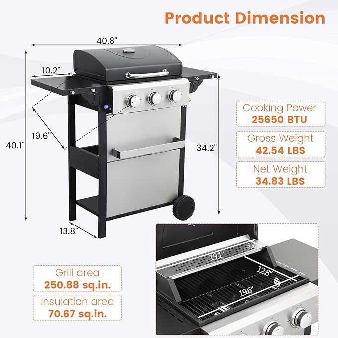 3-Burner Propane Gas BBQ Grill 25650BTU Stainless Steel Barbecue Grill With Wire Enamel Cooking Grids Foldable Side Table for Outdoor Camping (Style10 : 3 Burner)