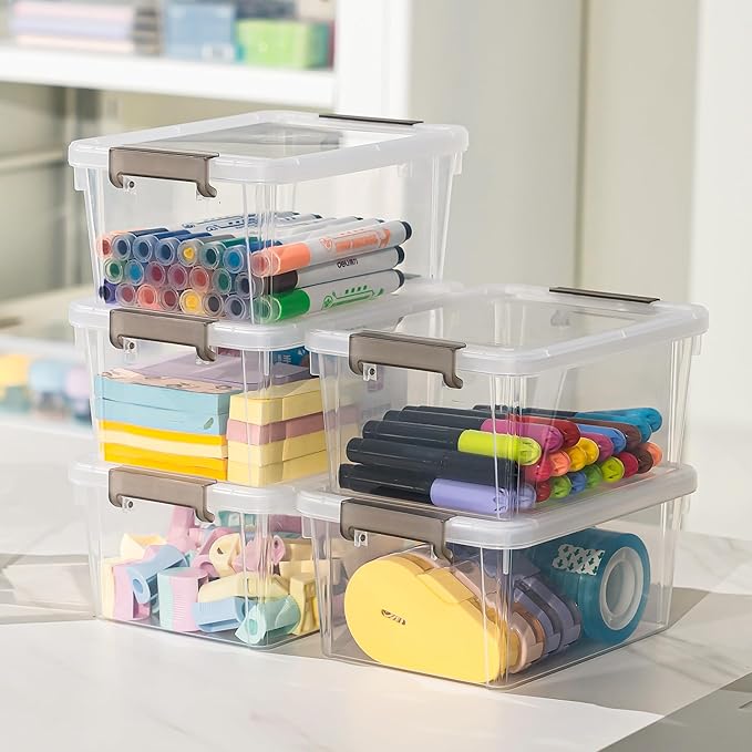 Anywish 8 Packs Small Storage Bins 1.3 QT Plastic Storage Container Stackable Box with Lids for Organizing Clear White
