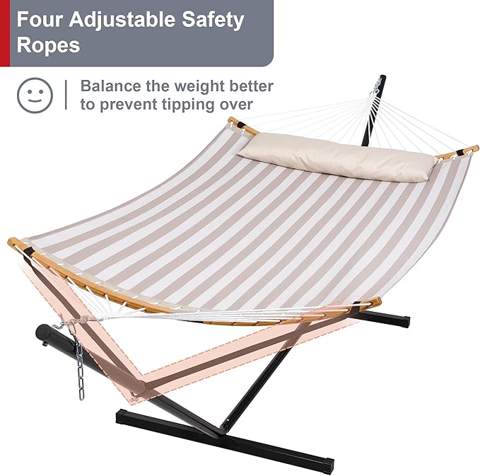 Double Hammock with Stand for Outside Quick Dry Hammock with Curved Spreader Bars Pillow and Carrying Bag 450 Lbs Capacity Light Brown Stripe