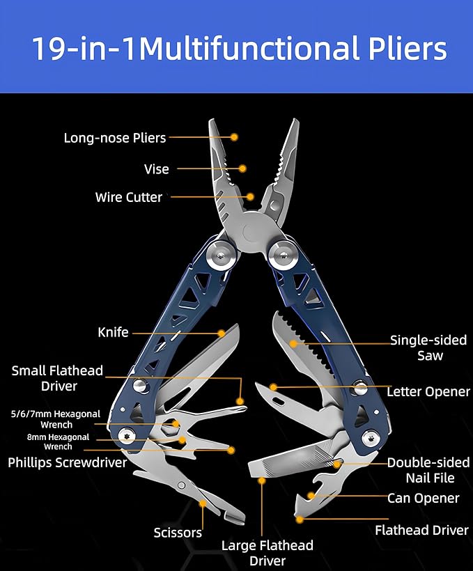 19-in-1 Mutitool Stainless Steel Multi-functional Pliers with Screwdrivers Foldable Multitools with Scissors and Sheath Ideal for CampingSurvivalRepair Great Gifts for Men(Blue)