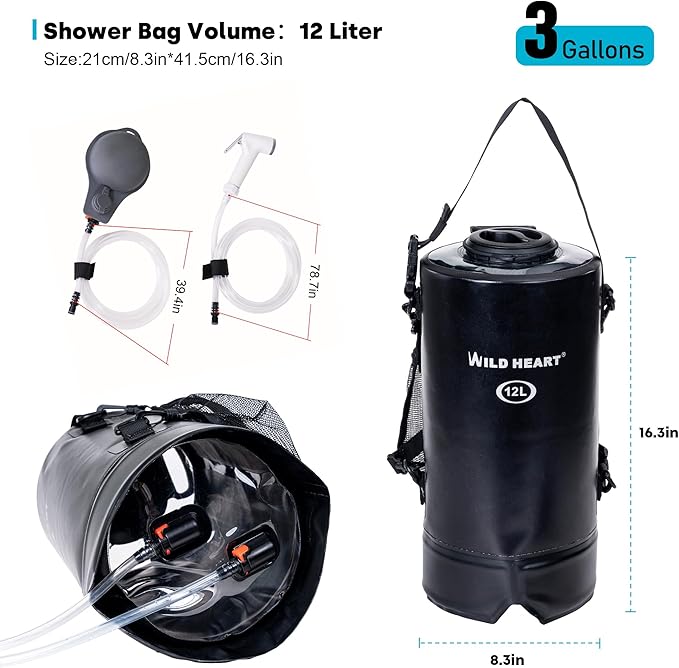 WILD HEART Camping Shower 22L/ 12L Portable Shower for Camping with Pressure Foot Pump and Hose - Solar Shower Bag Backpack for Camping Road Trip &amp Outdoor Use