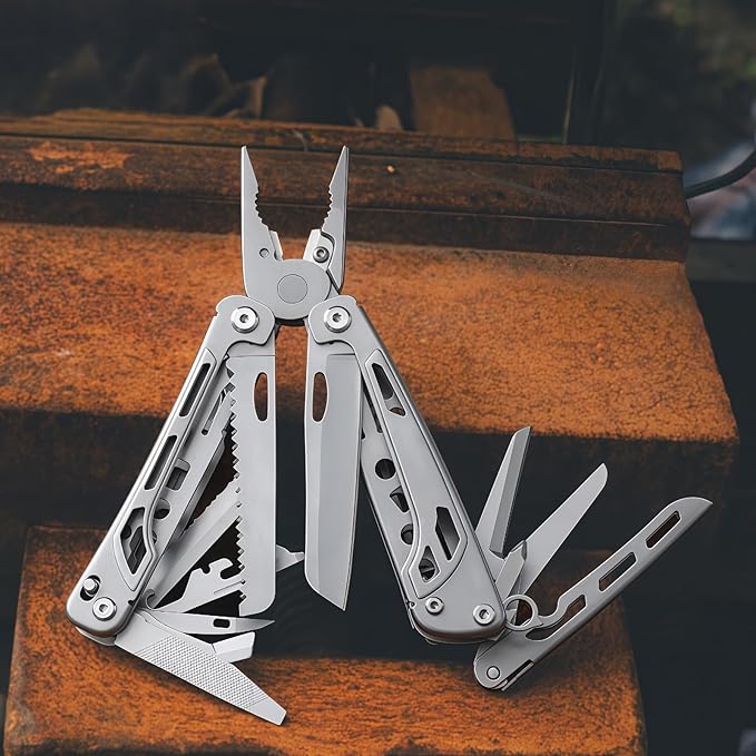 Multitool 15-in-1 Full-Size Multi-Purpose Pliers Lightweight EDC Tactical Gear With Safety Locking Camping Knives &amp Tools Mens Gifts Ideas Gifts for Hunters Men who have Everything (Silver