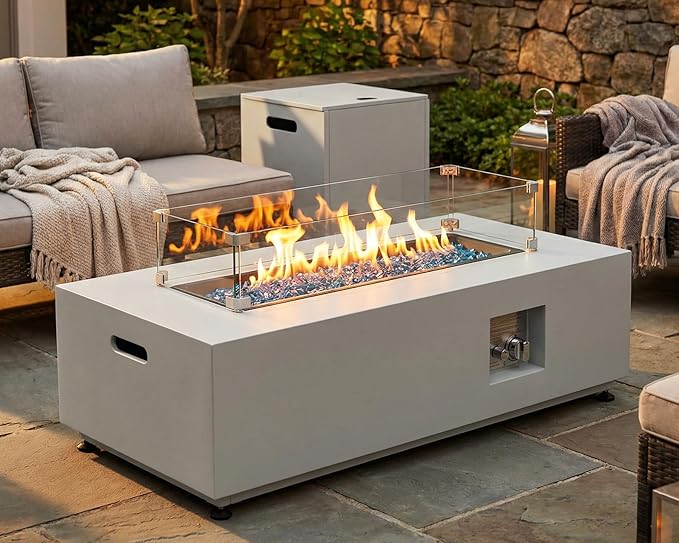 NICESOUL 42 Outdoor Propane Fire Pit Table 50000 BTU Rectangle Natural Gas Firepit with Tank Table No Assembly Low Profile Fire Table for Outside Patio &amp Backyard CSA Certified Grayish White