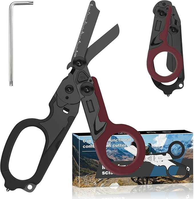 6-in-1 Heavy-Duty Emergencytrauma shears Folding Retractable Emergency Shears Outdoor Camping Tools Seat Belt Cutter Complimentary Adjustable Wrench (Electroplated black and red)