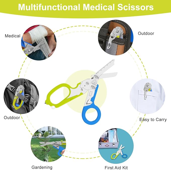 Lemasa6 in 1 Multifunctional Combination Tool Folding Retractable Emergency Shears Outdoor Camping Tools Seat Belt Cutter Oxygen Cylinder Wrench Complimentary Adjustable Wrench (blue-green)