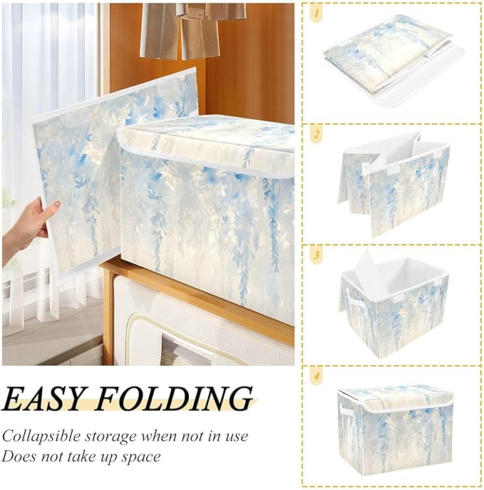 File Organizer Box White Wisteria Storage Bin with Lid Foldable Baskets for Office Document Storage 11.8x12.6 x16.5