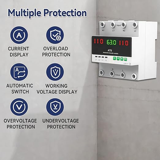 63A 110V Automatic/Manual Transfer Switch Dual Power Selector with LED Display for Home Generator and Backup Power L1 Priority Phase Selector Din Rail Mount 50/60Hz
