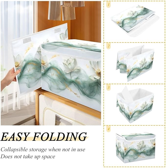 AIXIWAWA Lidded Storage Cube (Art White Flowers) Fabric Foldable Closet Bins with Flip Lid and Handles Organizer Basket Container 16.5 x 12.6 x 11.8 IN