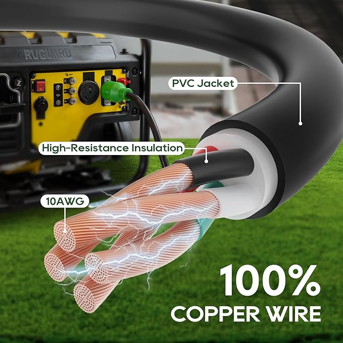 RVGUARD 4 Prong 30 Amp 10 Foot Generator Extension Cord NEMA L14-30P/L14-30R 125/250V Up to 7500W 10 Gauge SJTW Generator Cord ETL Listed